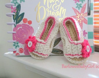 NEW - Buggs - Crochet Girl's Side Button Closure w/ Flower Accent Sandal in Ivory and Hot Pink - Customize Your Color