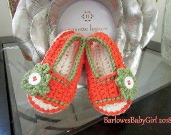 NEW - Buggs - Crochet Girl's Side Button Closure w/ Flower Accent Sandal in Bright Orange and Fern - Customize Your Color