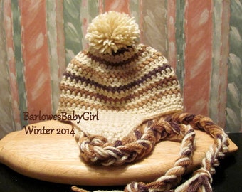 Buggs Crochet Striped Ear Flap Hat in Cream w/ Shades of Brown Stripes