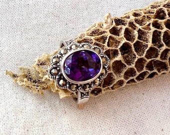 Vintage Sterling Silver Amethyst & Marcasite Ring | 925 Purple Gemstone | Estate Piece | Size 7
