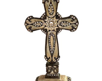 Sculptural Cross | Enamel & Crystal | Decorative French-Style Statue | Estate Collectables