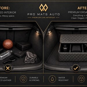 Op de afbeelding: Vergelijking van een kofferbak voor en na organisatie. Voor: rommelig met spullen. Na: opgeruimd met een zwarte gewatteerde opbergbox. Tekst: "Pro Mats Auto Premium Car Interior".
