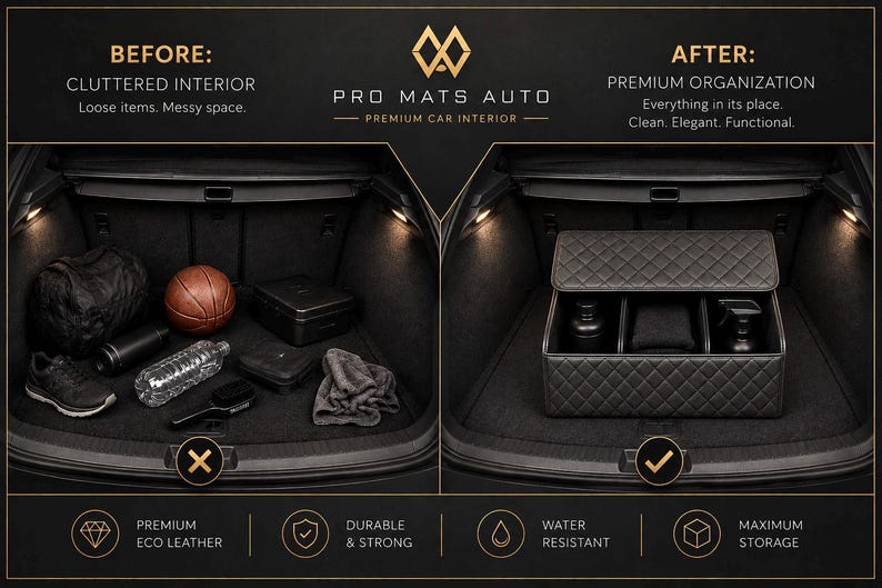 Op de afbeelding: Vergelijking van een kofferbak voor en na organisatie. Voor: rommelig met spullen. Na: opgeruimd met een zwarte gewatteerde opbergbox. Tekst: "Pro Mats Auto Premium Car Interior".