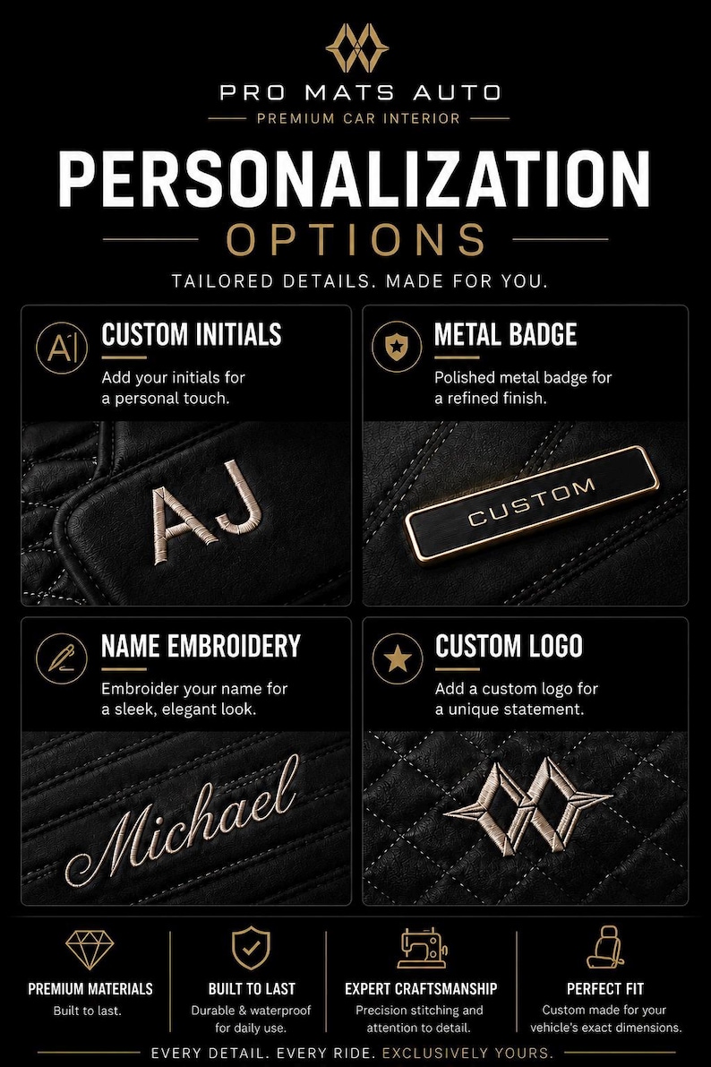 Op de afbeelding: Zwarte afbeelding met personalisatie-opties voor het interieur van de auto. Inclusief aangepaste initialen, metalen badges, naam borduursel en aangepaste logo's. De tekst luidt "Personalisatie Opties" en "Op Maat Gemaakt. Gemaakt voor u."