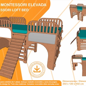 Montessori Loft Bed CNC Router Files | Kids Toddler Bed with Slide Plan | Twin Size Digital Download | Planos Cama Infantil Madera DXF SVG