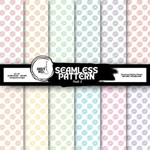 Puede incluir: Un paquete de patrones digitales sin costuras con diseños florales coloridos sobre un fondo blanco. La imagen incluye el texto "SEAMLESS PATTERN Pack 2" y "12 PNG FILES - 300 DPI Transparent Images".