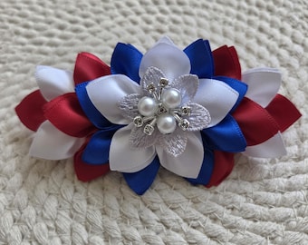Handmade Red White Blue Flower Hair Clip | Pearl Rhinestone Patriotic Bow