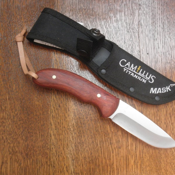 Custom Hand-Finished Knife using Camillus Mask 4 inch Blade, Australian Bloodwood,  and Snap Closure Sheath
