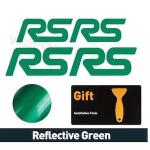 May include: Green reflective vinyl decals featuring the letters "RS". The image includes a green sample, a black card with a yellow squeegee, and the word "Gift". The text "Reflective Green" is on a dark teal banner.