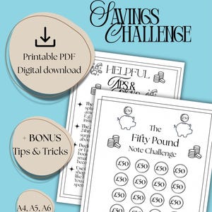 Op de afbeelding: Digitale download-afbeelding met een lichtblauwe achtergrond. De tekst luidt "The Fifty Pound Savings Challenge". Bevat printbare PDF, bonustips en A4-, A5-, A6-formaten. Bevat een spaartracker.