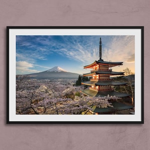 日本の富士山の桜のプリント | 富士山旅行ポスター、日本の壁アート、日本のオリジナル風景写真、桜のポスター、日本のアート