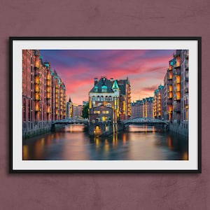 Hamburg Speicherstadt Art Print | Hamburg Travel Poster, Hamburg Wall Art, Hamburg original photo, Hamburg Sunset, Speicherstadt print