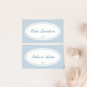 Vintage Baby Shower Place Card Template, Watercolor Bows Ribbon Stripes Whimsical Table Name Card Stationery, Printable Digital, B001