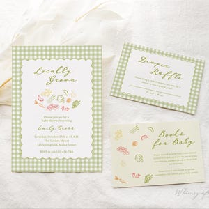 May include: Baby shower stationery set with a green gingham design. The main invitation says "Locally Grown" with a vegetable illustration. Includes a diaper raffle card and a "Books for Baby" card.