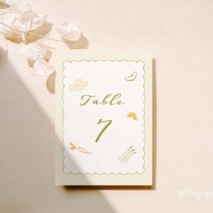 May include: A rectangular table number card with a scalloped border. The card features the word "Table" and the number "7" in green script. Small illustrations of vegetables and fruits surround the text. The background is a light beige.