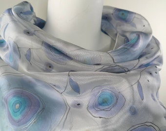 Blue gray silk scarf handpainted, square silk scarf 36x36", blue floral silk wrap, personalized gift for woman, AudraZili silk art accessory