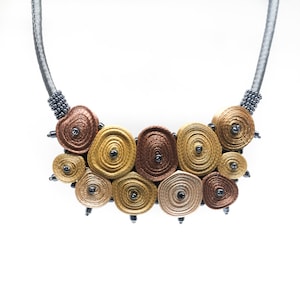 Fabric necklace golden, textile necklace beaded, collar necklace golden, personalized gift for woman, fiber art jewelry ready to ship
