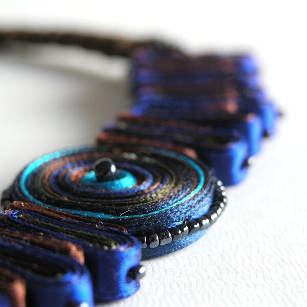 Textile Necklace Blue Turquoise - Fiber Pendant Brown Copper - Statement Necklace - Handmade Jewelry - OOAK Ready To Ship