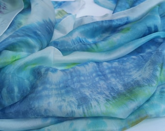 Hand painted silk scarf blue,square shibori scarf, green silk scarf, personalized gift for woman, silk wrap, hand painted silk accessory