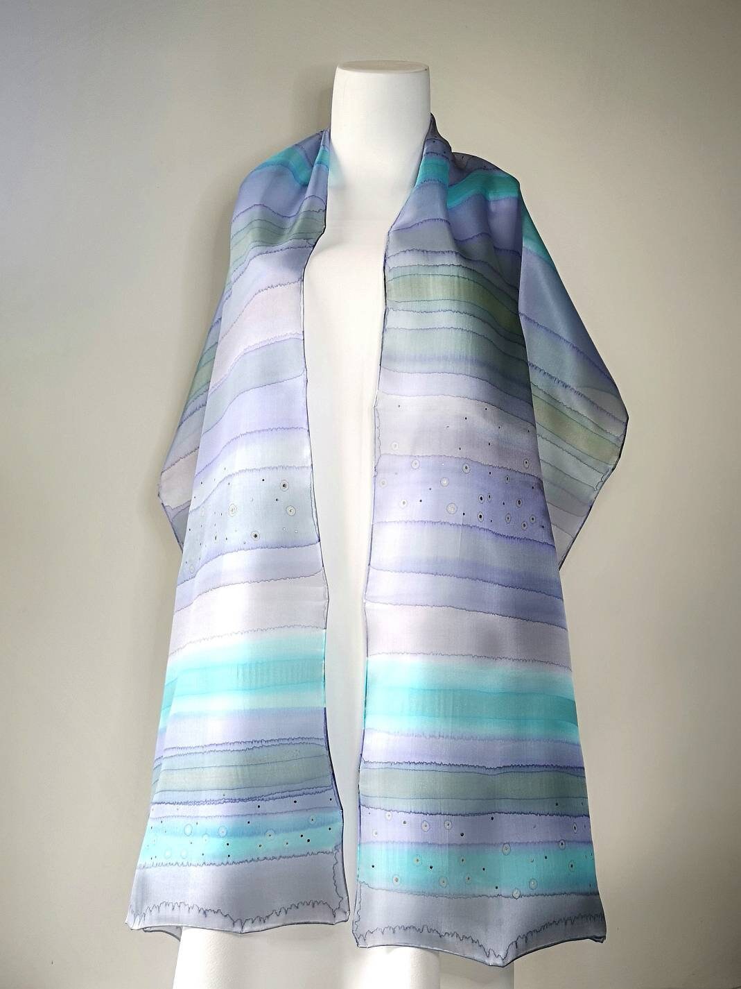 Silk Scarf Hand Painted Blue, Extra Long Silk Shawl Turquoise ...