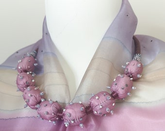 Personalized gift for woman: pink silk bubbles necklace and handpainted shawl, silk painted jewelry, custom orders for silk accessories