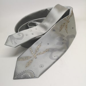 Wedding necktie silver gray, men necktie, dragonfly necktie turquoise, personalized gift for man, gift for him - Painted accessory for order