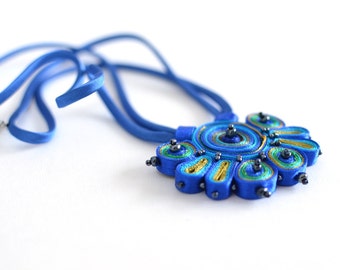 Textile necklace blue green, fabric necklace beaded, statement necklace, fiber pendant blue, gift for her - Textile jewelry ready to ship