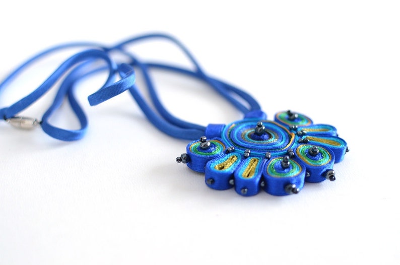 Textile necklace blue green, fabric necklace beaded, statement necklace, fiber pendant blue, gift for her Textile jewelry ready to ship image 1