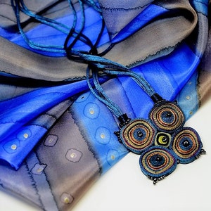 Gift set: fabric necklace and square silk scarf blue, fabric pendant blue, silk scarf handpainted, gift for mom, personalized gift for woman