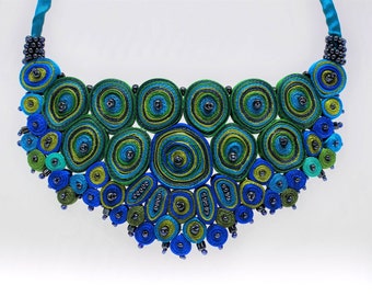 Extravagant necklace green, fabric necklace blue, statement necklace, unique necklaces for women, gift for woman - Textile jewelry