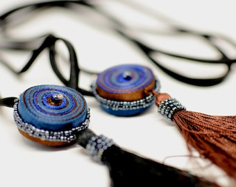 Long tassel necklace brown, tassel pendant blue, long fringe necklace beaded, gift for woman, tassel jewelry - Textile jewelry by Audra Zili