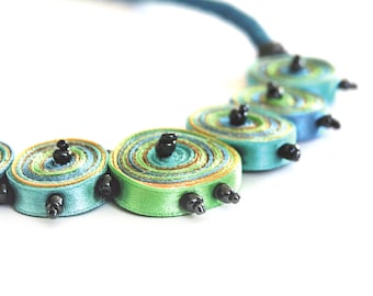 Textile necklace yellow, blue, green, fiber pendant green, statement necklace - Handmade jewelry OOAK  ready to ship