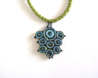 Turquoise textile necklace, fabric pendant green, fabric necklace beaded, fiber necklace, gift for woman, gift for her - Textile jewelry