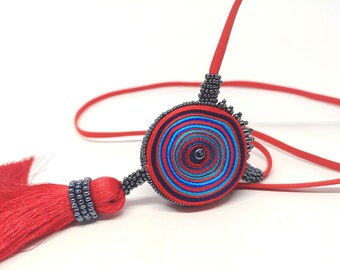 Extralong red tassel necklace, beaded tassel pendant, red statement necklace, personalized gift for sister, custom jewelry, jewelry designer