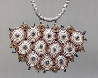 Statement necklace beaded, fabric necklace mauve, textile necklace beige, textile pendant, gift for woman, exclusive fiber art jewellery