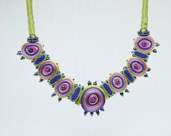 Fuchsia beaded collar necklace, statement necklace green, fiber necklace, gift for woman, gift for her - Textile jewelry ready to ship