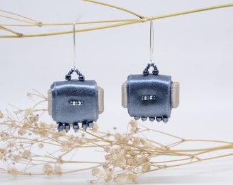 Minimalist fabric earrings silver grey, stylish dangle earrings beaded, sterling silver hooks, personalized jewelry custom fiber art jewelry