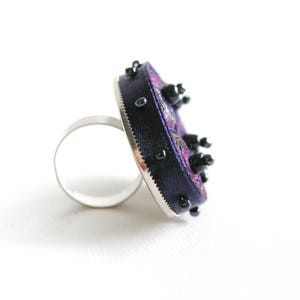 Statement ring purple beaded, adjustable textile ring, fabric ring, fiber ring navy, gift for woman, gift for her Textile jewelry image 1