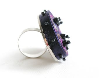 Statement ring purple beaded, adjustable textile ring, fabric ring, fiber ring navy, gift for woman, gift for her - Textile  jewelry
