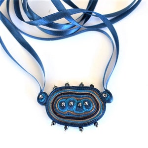 Navy blue textile necklace, bib necklace beaded, fiber pendant, statement necklace blue, fabric necklace, gift for woman - Textile jewelry