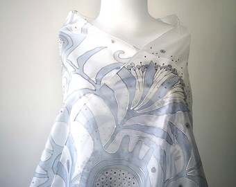 Silk shawl monochromatic, floral silk wrap, mom's butterfly scarf, personalized gift for woman, handpainted silk art accessory gift for mom