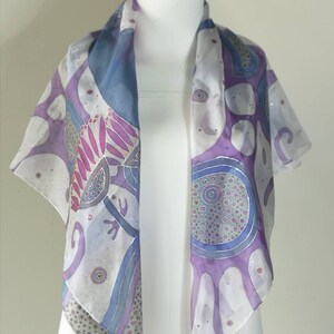 Silk scarf with cat, floral silk scarf pink, big square scarf purple, cat scarf, personalized gift for woman - ooak silk accessory for order