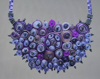Collar necklace beaded, fabric necklace purple, bib textile necklace lilac, gift for woman, gift for her, textile jewelry, fiber art jewelry