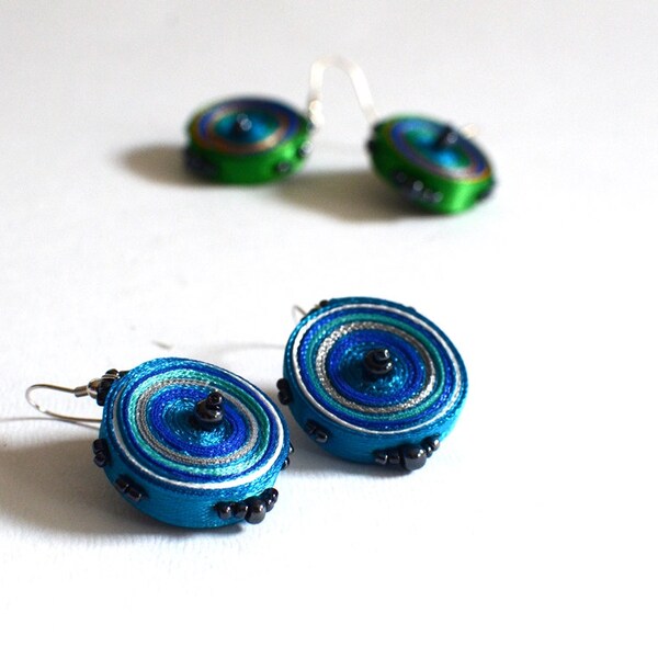 Textile Earrings Green Blue Circles - Handmade Fabric Jewelry - OOAK  Ready To Ship