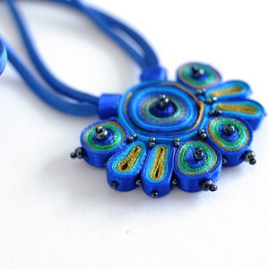 Textile necklace blue green, fabric necklace beaded, statement necklace, fiber pendant blue, gift for her Textile jewelry ready to ship image 4