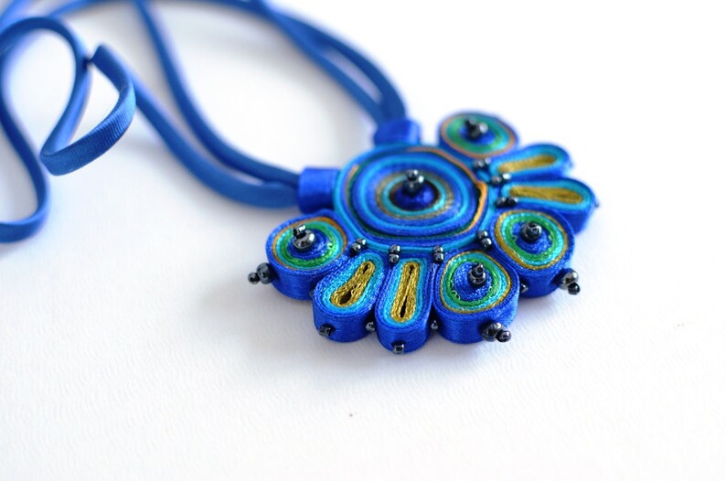 Textile necklace blue green, fabric necklace beaded, statement necklace, fiber pendant blue, gift for her Textile jewelry ready to ship image 4