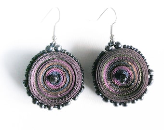 Dangle earrings purple, fabric earrings round, textile earrings, fiber earrings purple, gift for woman, gift for her - Jewelry ready to ship