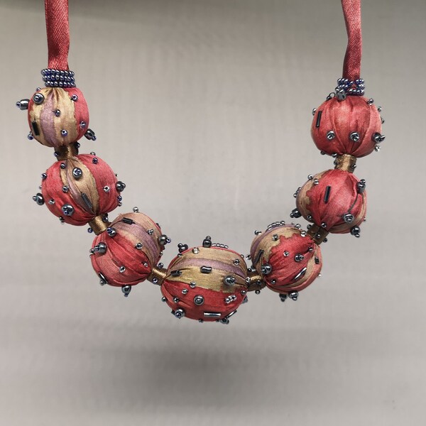 Bubble necklace red, hand painted silk necklace pink, fabric bead necklace, personalized gift for woman, gift for her - Fiber art jewellery