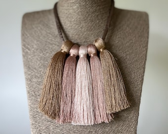Tassel necklace, personalized long caramel fringe necklace, contemporary jewelry, fiber art jewelry by AudraZili