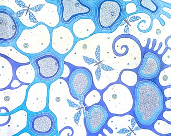 May include: Abstract watercolor painting with a white background and blue, purple, and silver swirls and shapes.  The painting features several stylized butterflies in shades of blue.